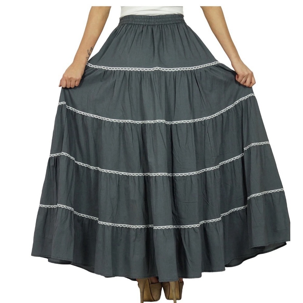 Bimba Full Cotton Long Maxi Skirt OS Gray Boho Tiered Peasant Lace Cottagecore - Picture 2 of 6